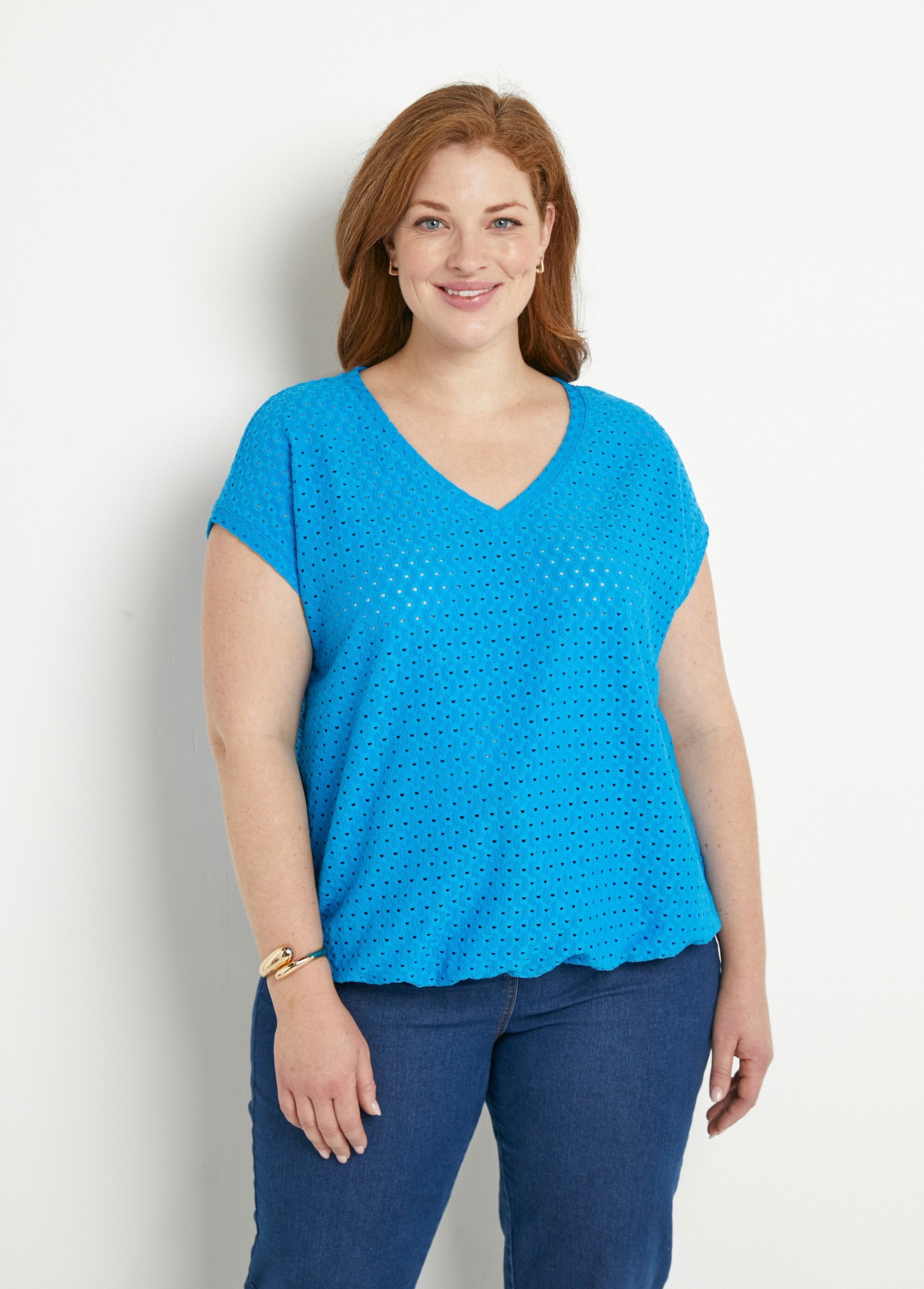 Camiseta_holgada_con_blusa_corta_lisa_de_cuello_en_V_Turquesa_FA1_curvy