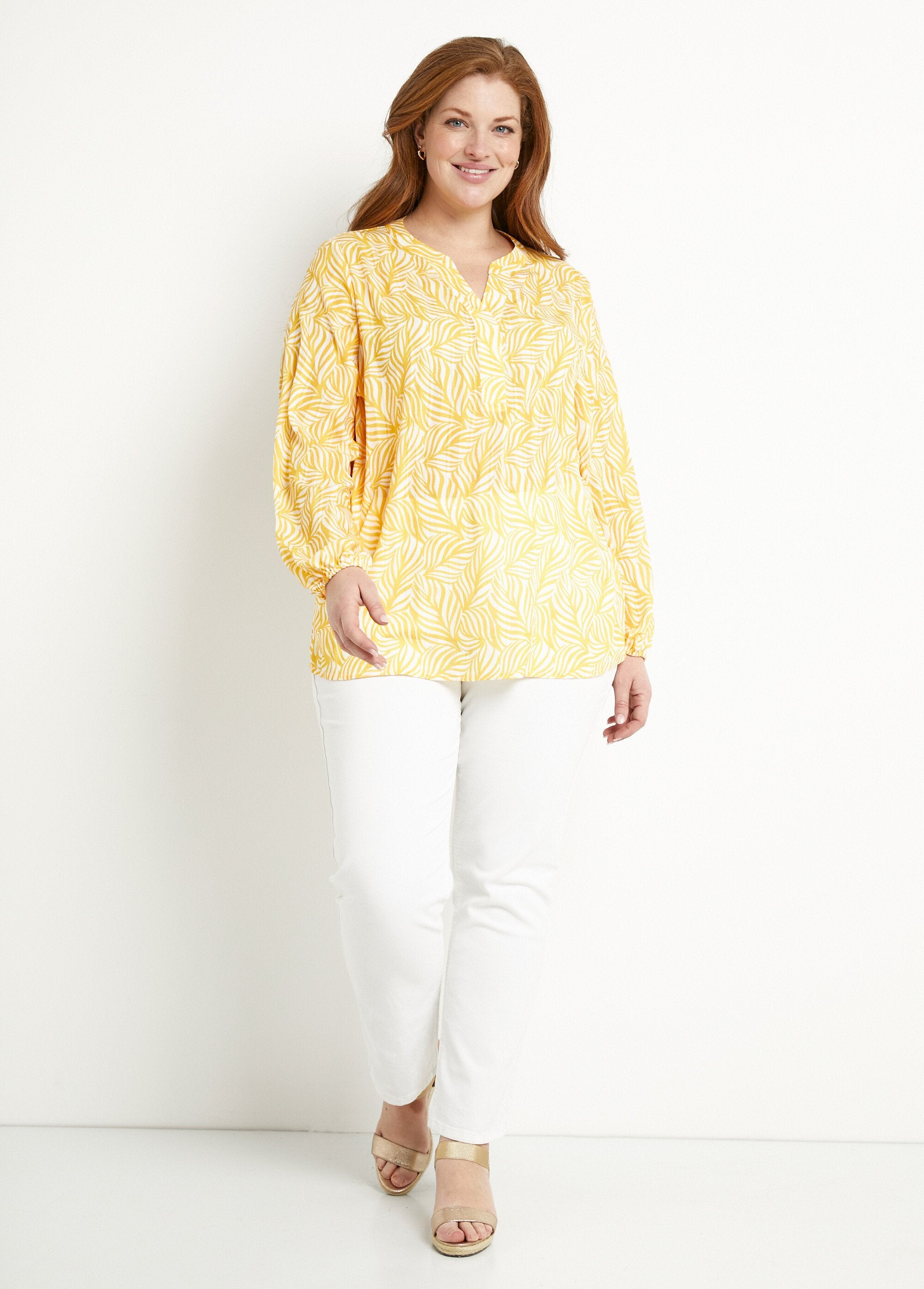 Túnica_larga_abotonada_con_mangas_3/4_amarillo_y_blanco_SF1_curvy