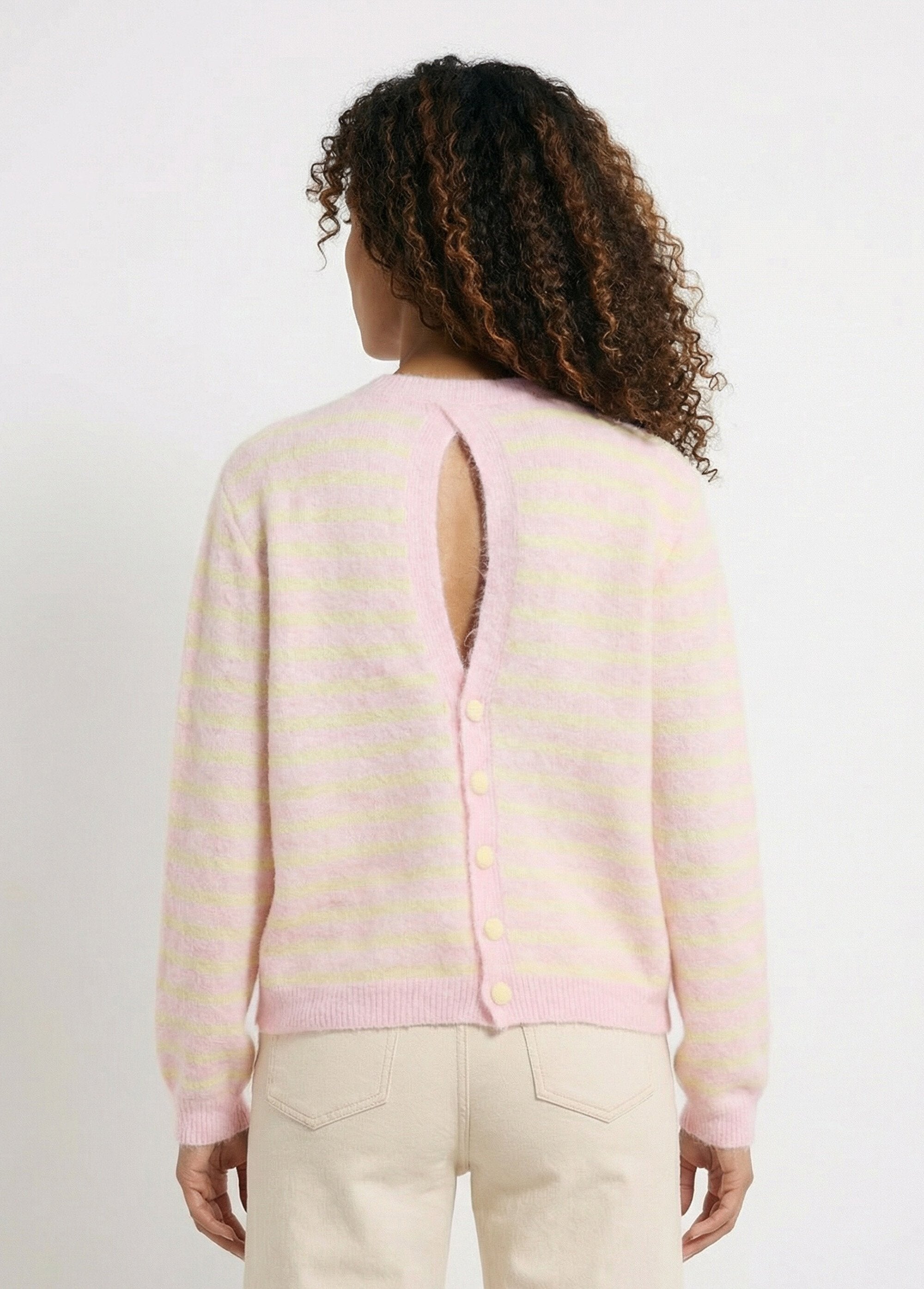Pull_rayé_avec_laine,_dos_boutonné_Rose_et_jaune_DO1_slim