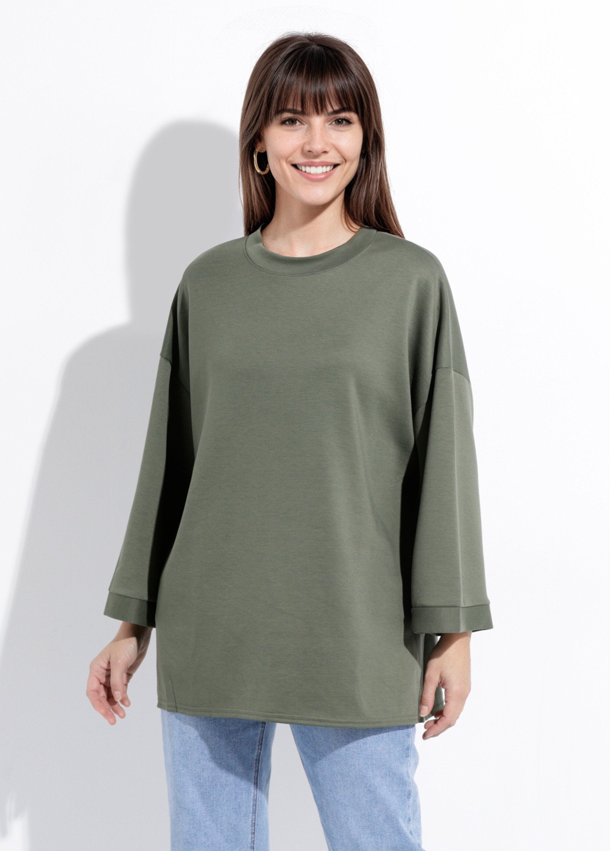 Sudadera_de_cuello_redondo_ancho,_mangas_3/4_Caqui_FA1_slim