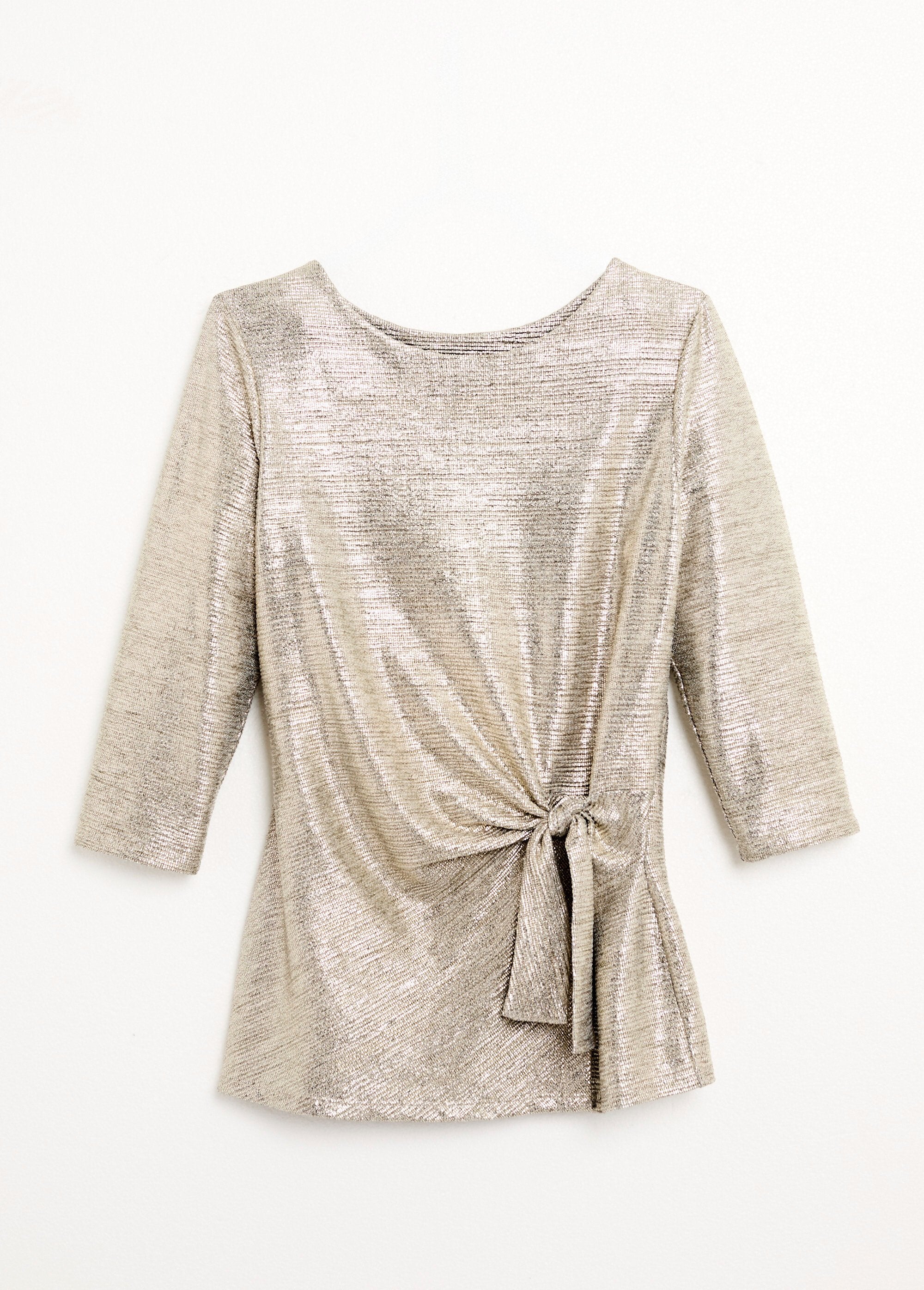 Camiseta_larga_dorada_con_efecto_anudado_y_mangas_3/4_Dorado_AP1_slim
