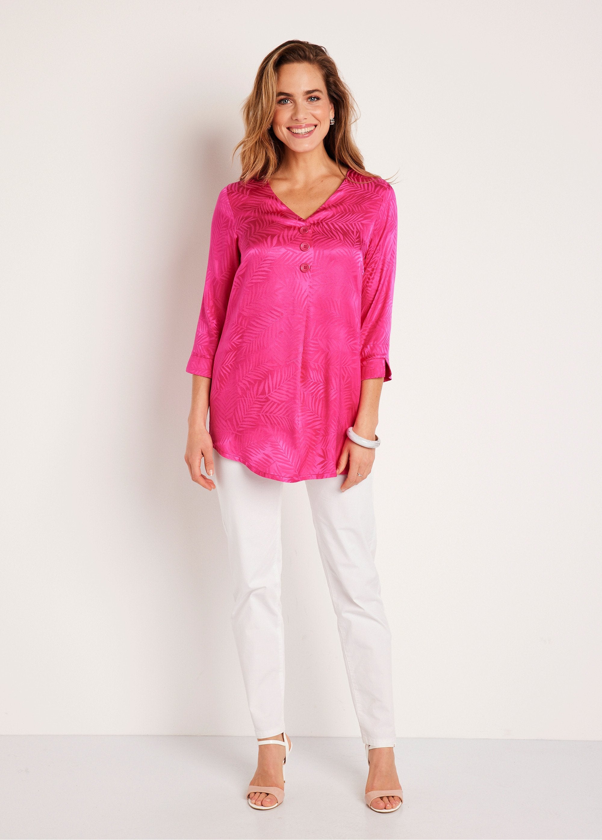 Túnica_larga_con_cuello_en_V_y_manga_3/4_Fucsia_SF1_slim